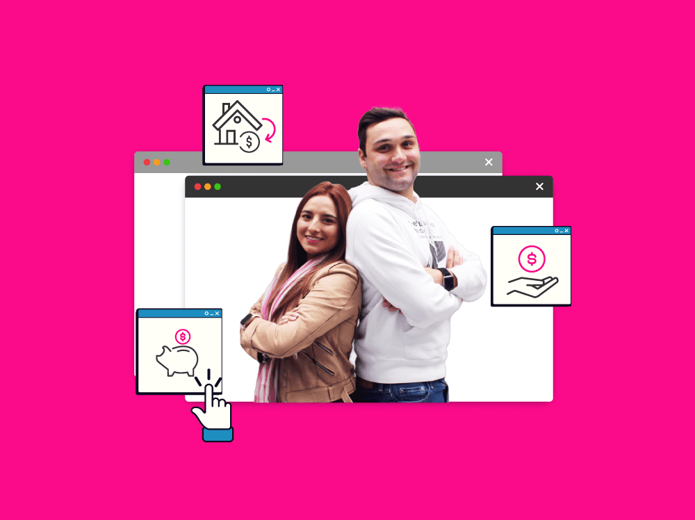 A man and woman standing back to back.